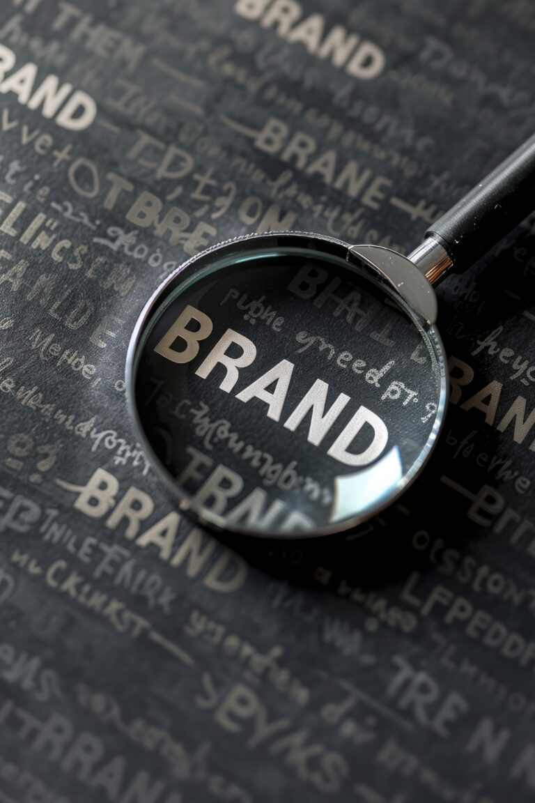 A magnifying glass over the word BRAND on black paper, with other words related to brand building. The background is a dark gray color